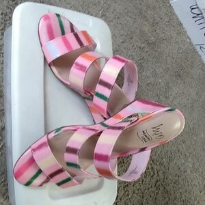 Impo multicolor women's wedge, 7.5, pink with multicolor stripes , gold trim,